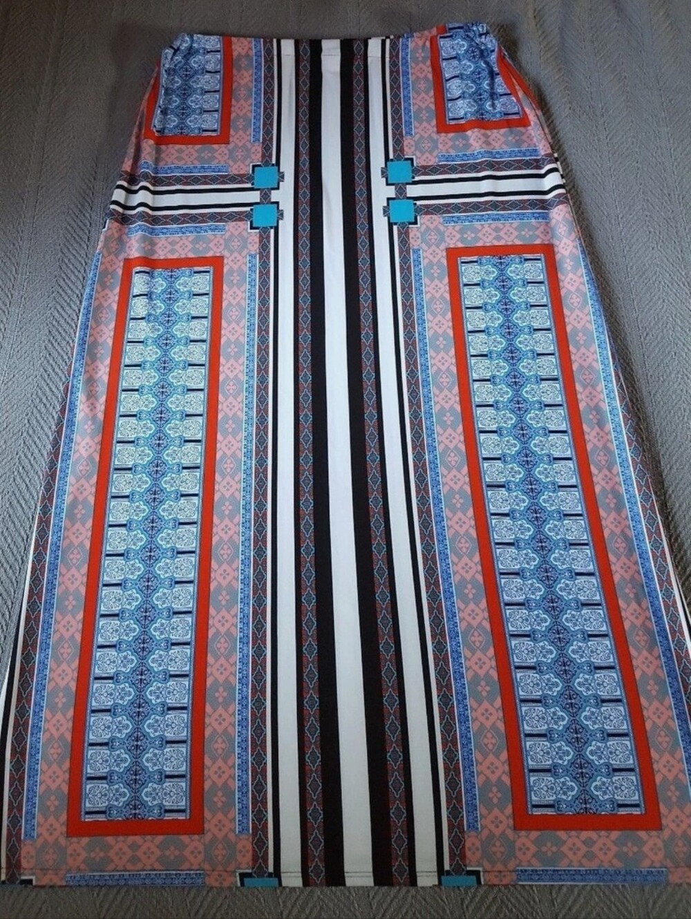 Bisou Bisou straight long maxi knit skirt 10 12 14 M L blue red white geometrics